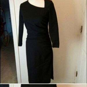 Pure Navy Asymmetrical midi ruched dress evening designer Saks Long Sleeves